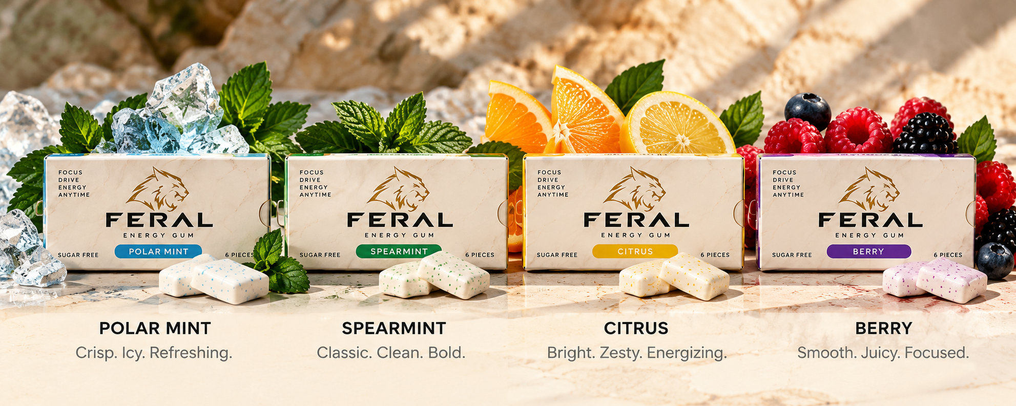 FERAL flavour concepts — Polar Mint (crisp, icy), Spearmint (classic, clean), Citrus (bright, zesty) and Berry (smooth, juicy)
