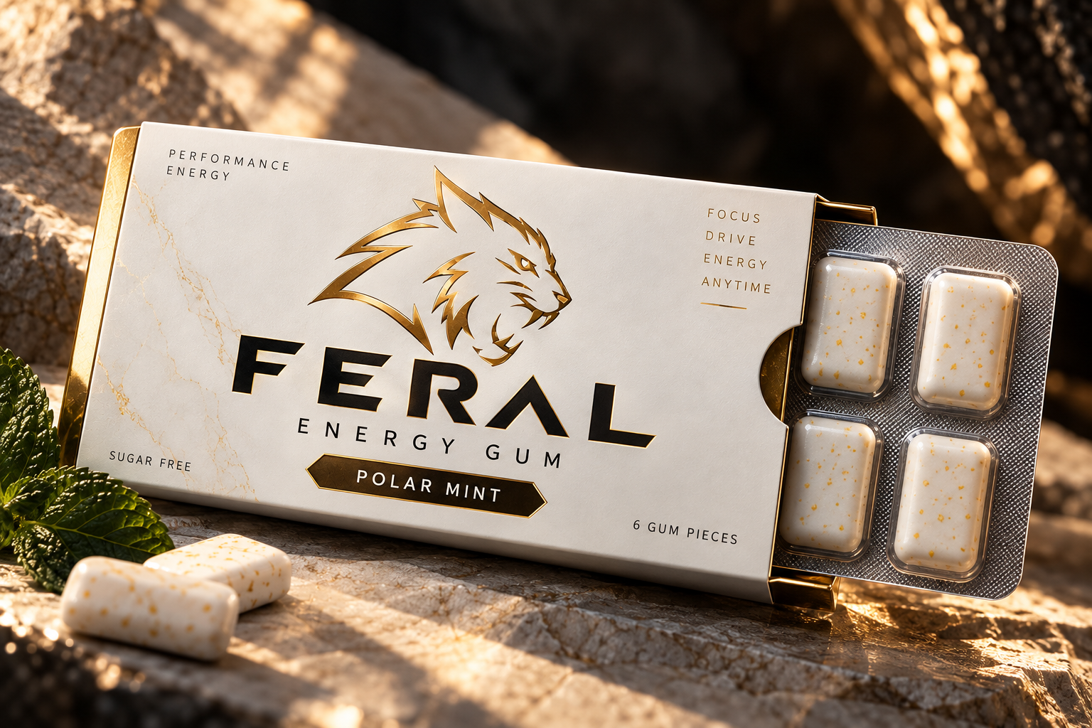 FERAL caffeinated energy gum — concept slide-out pack, partially open with gum blister visible